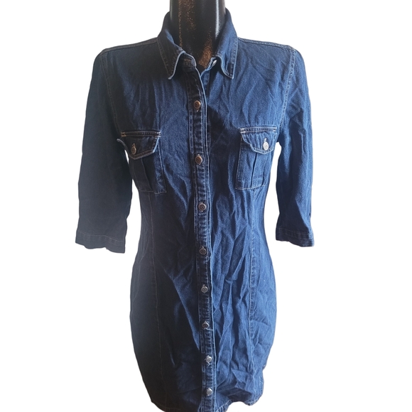 Contrast Denim Button-Up Shirt Style Dress 9 - Picture 1 of 7